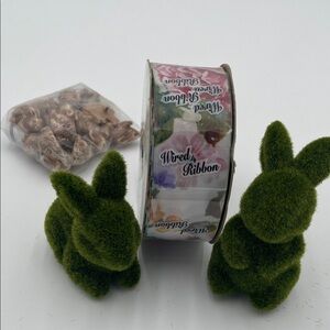 Charming Green Moss Bunny Pair, Ribbon and bag of Bunnies